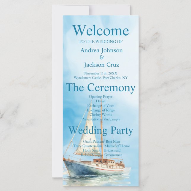 Vattenfärgssegelbåt, Bröllopsprogram (Framsida)