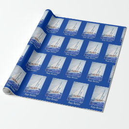 Vattenfärgssegelbåt med blå Ram Presentpapper