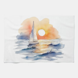 Vattenfärgssegelbåt Nautical Sunset Ocean Kökshandduk