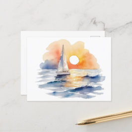 Vattenfärgssegelbåt Nautical Sunset Ocean Vykort