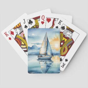 Vattenfärgssegelbåt på Sjö vid solnedgång Casinokort