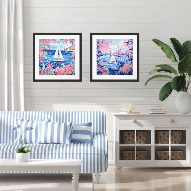 Vattenfärgssegelbåt Rosa Tropical Square Poster (Skapare uppladdad)