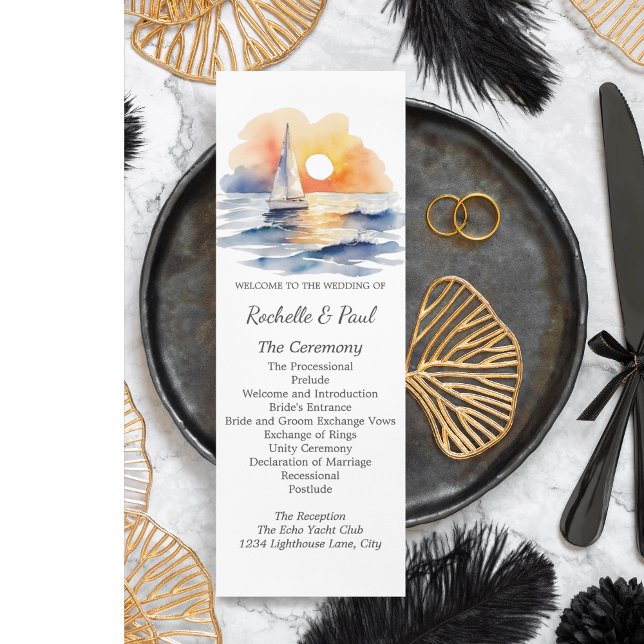 Vattenfärgssegelbåt Sunset Sjölandskap Bröllop (Watercolor Sailboat Sunset Seascape Wedding Suite)