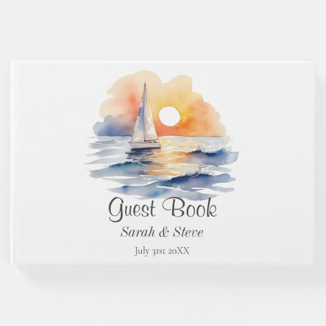 Vattenfärgssegelbåt Sunset Sjölandskap Bröllop Gästböcker (Framsida)