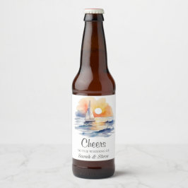 Vattenfärgssegelbåt Sunset Sjölandskap Bröllop Ölflaska Etikett