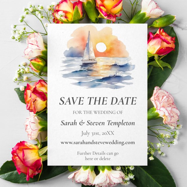 Vattenfärgssegelbåt Sunset Sjölandskap Bröllop Spara Datumet (Save The Date - Nautical Seascape Sunset Sailing Wedding Suite)