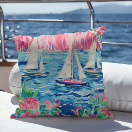 Vattenfärgssegelbåtar Rosa Blommigt Preppy Coastal Kudde