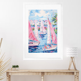 Vattenfärgssegelbåtar Rosa Tropical Coastal Poster
