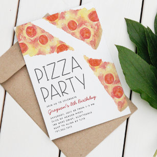 Vattenfärgssegment   Kids Pizza Party Birthday Inbjudningar