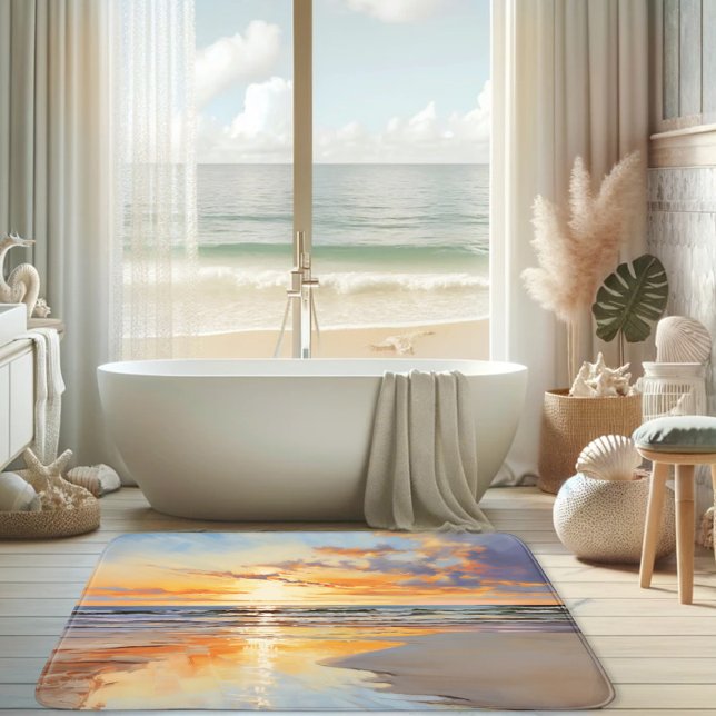 Vattenfärgssegment Sunset Ocean Badrumsmatta (Bath mat featuring a watercolor painting of a sunset on the beach.)
