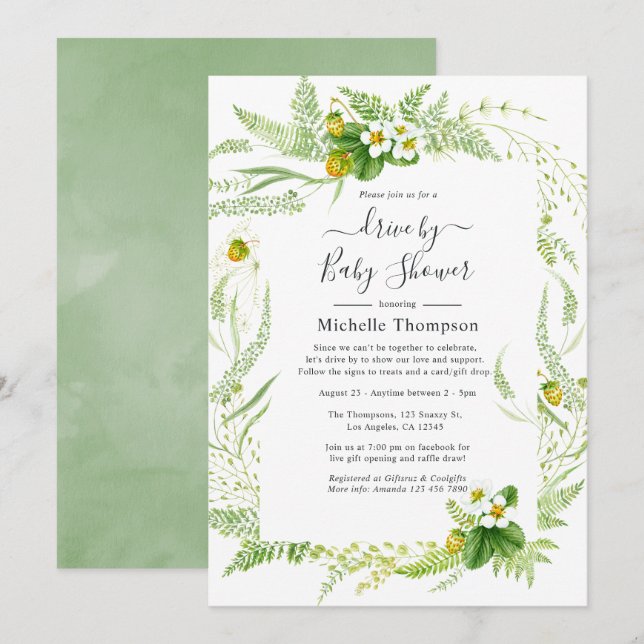 Vattenfärgssenheten Land Rustic Greenery Drive eft Inbjudningar (Fram/baksida)