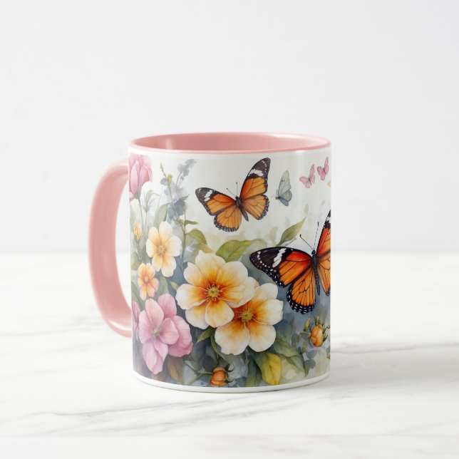 Vattenfärgsserie Rosa Butterfly Flower Mugg (Framsida vänster)