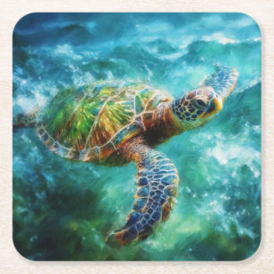 Vattenfärgssimming Sea Turtle Underlägg Papper Kvadrat