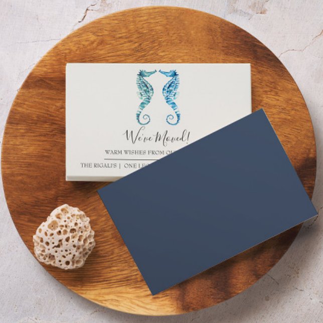 Vattenfärgssjöhäst med liten Flytta-aviseringskort Tilläggskort (Small moving announcement cards watercolor coastal blue seahorse art by Victoria Grigaliunas)