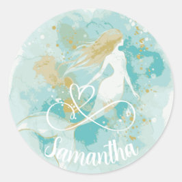 VattenfärgsSjöjungfru Aqua och Guld-fästare Runt Klistermärke