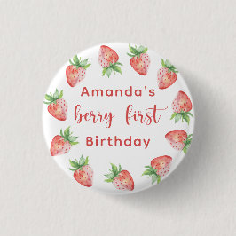 Vattenfärgssjordgubbar 1-års födelsedagsfest knapp