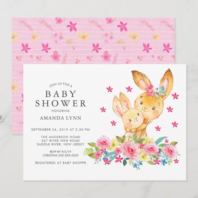 Vattenfärgsskare Blommigt Mamma Baby Bunny Flicka  Inbjudningar (Fram/baksida)