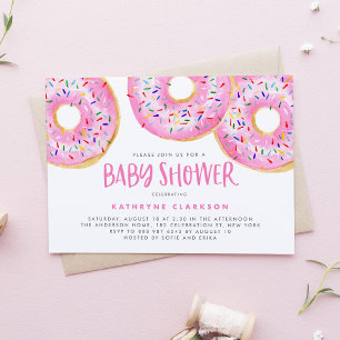 Vattenfärgsskena Rosa Sprinkle Donuts Baby Shower Inbjudningar