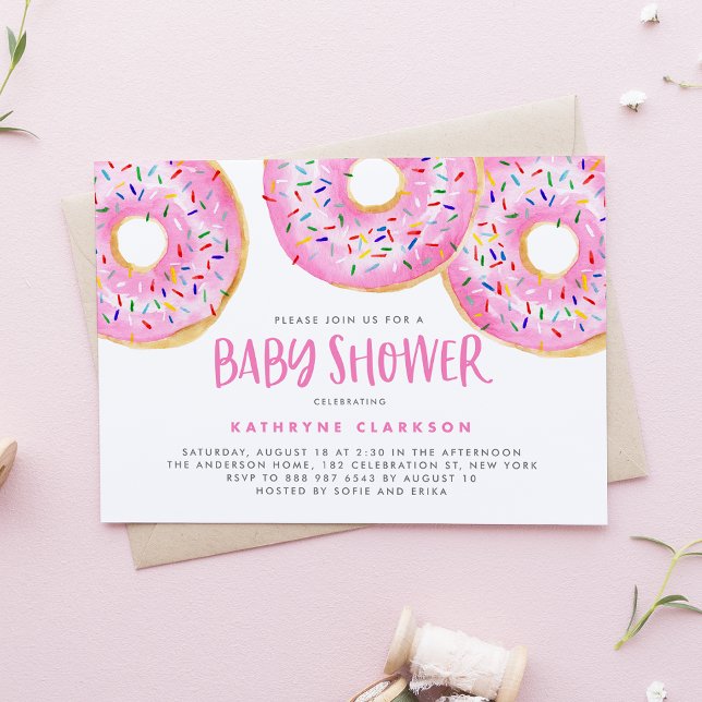 Vattenfärgsskena Rosa Sprinkle Donuts Baby Shower Inbjudningar (Skapare uppladdad)