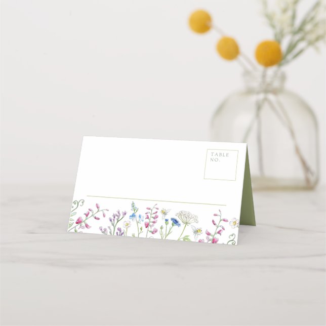 Vattenfärgsskisser av vilda blommor, vita grönten  placeringskort (Framsida)
