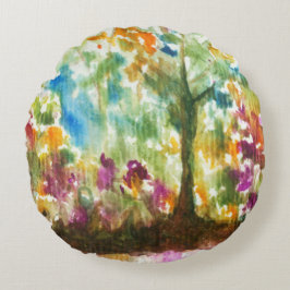 Vattenfärgsskog Abstrakt Ligcape Art Träd Forest Rund Kudde