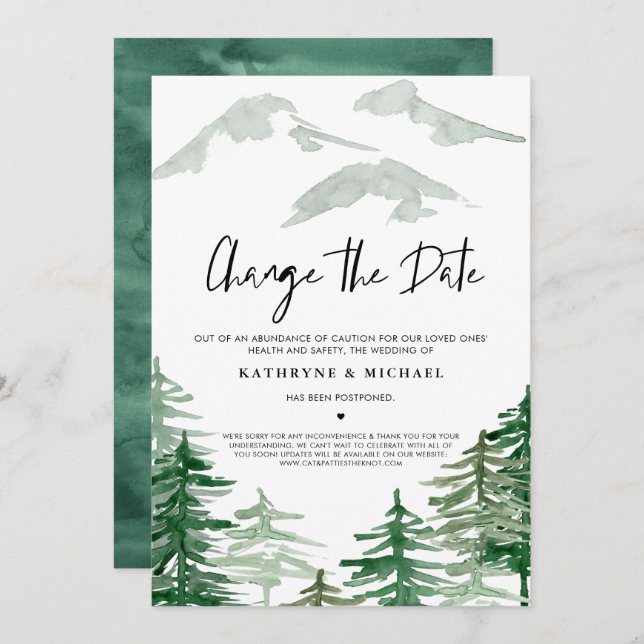 Vattenfärgsskog Ändra datum för uppskjutande Inbjudningar (Fram/baksida)