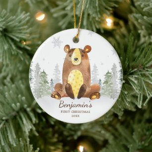 Vattenfärgsskog Bear Baby första julen Julgransprydnad Keramik