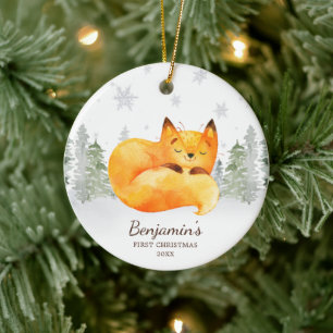 Vattenfärgsskog Fox Baby första julen Julgransprydnad Keramik