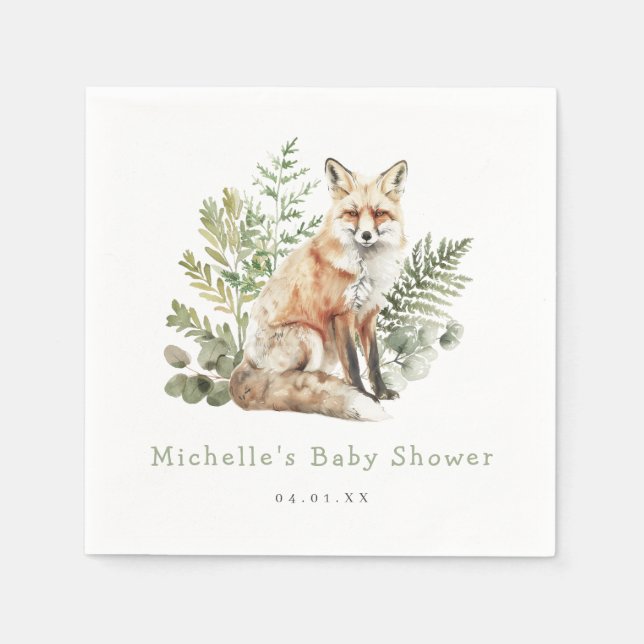 Vattenfärgsskog Fox Baby Shower Pappersservett (Framsidan)