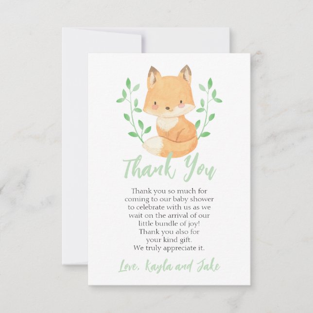 Vattenfärgsskog Fox Baby Shower Tack Kort (Framsida)