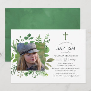Vattenfärgsskog Greenery Baptism eller Christening Inbjudningar