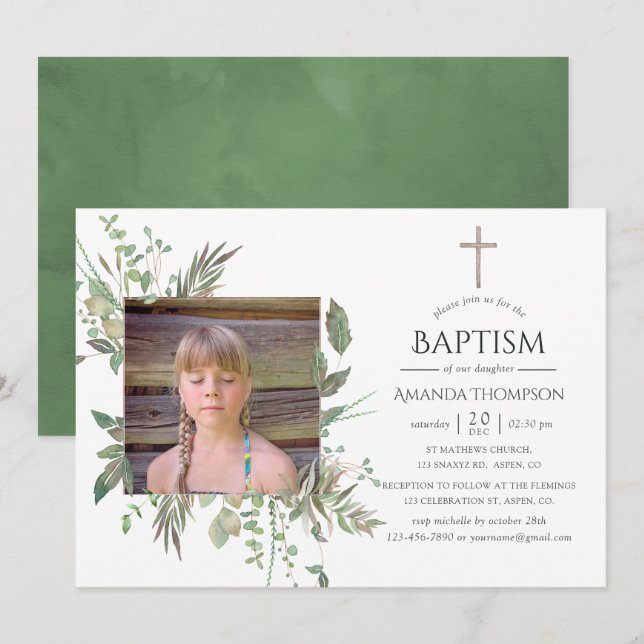 Vattenfärgsskog Greenery Baptism eller Christening Inbjudningar (Fram/baksida)