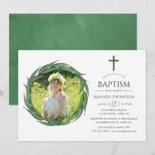 Vattenfärgsskog Greenery Baptism eller Christening Inbjudningar
