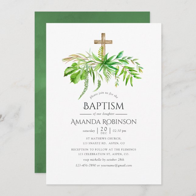 Vattenfärgsskog Greenery Baptism eller Christening Inbjudningar (Fram/baksida)