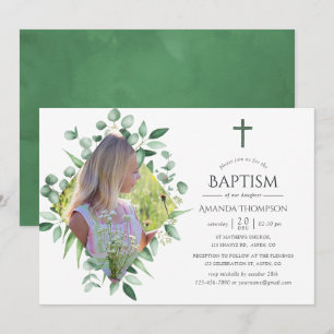 Vattenfärgsskog Greenery Baptism eller Christening Inbjudningar