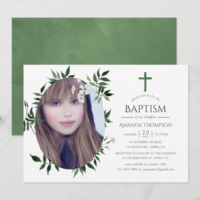 Vattenfärgsskog Greenery Baptism eller Christening Inbjudningar (Fram/baksida)