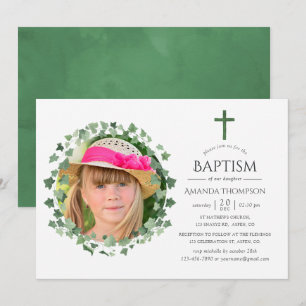 Vattenfärgsskog Greenery Baptism eller Christening Inbjudningar