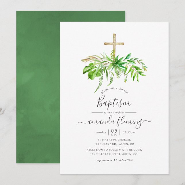 Vattenfärgsskog Greenery Baptism Inbjudningar (Fram/baksida)