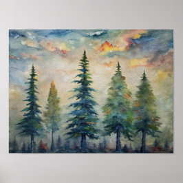 Vattenfärgsskog liggande, Gräs Träd i Dusk Poster
