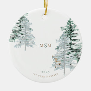Vattenfärgsskog, monogram 1:a året, präglat julgransprydnad keramik