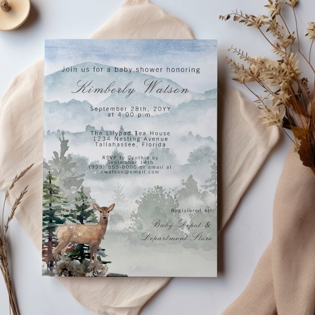 Vattenfärgsskog Skogskö Babyskor Inbjudningar (Watercolor Woodland Forest Doe Baby Shower Invitation)