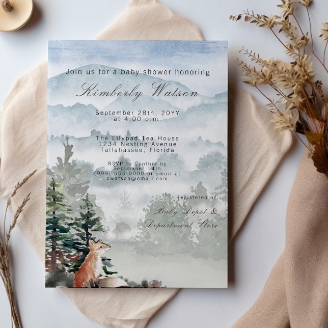 Vattenfärgsskog Skogskö Babyskor Inbjudningar (Watercolor Woodland Forest Fox Baby Shower Invitation)