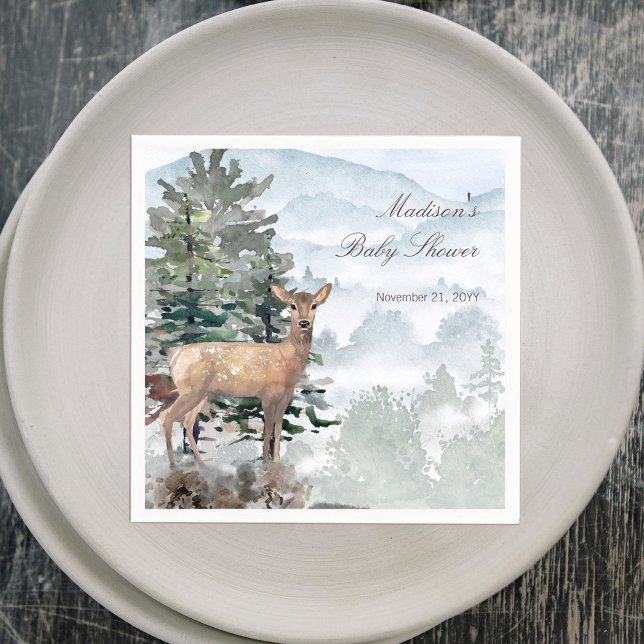 Vattenfärgsskog Skogskö Babyskor Pappersservett (Watercolor Woodland Forest Doe Baby Shower Napkins)