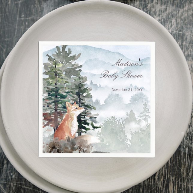 Vattenfärgsskog Skogskö Babyskor Pappersservett (Watercolor Woodland Forest Fox Baby Shower Napkins)