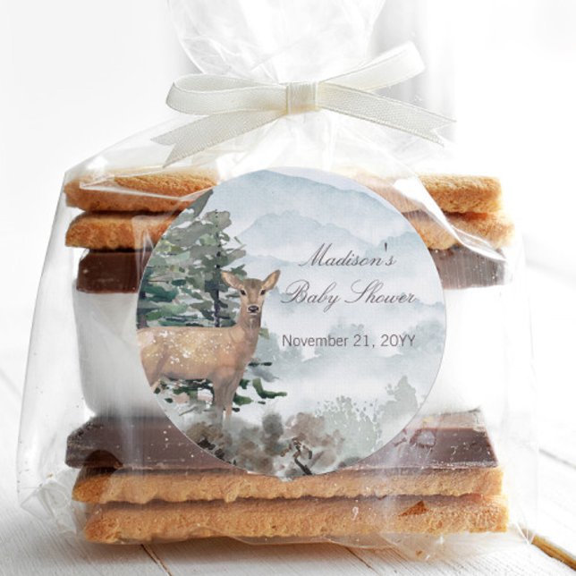 Vattenfärgsskog Skogskö Babyskor Runt Klistermärke (Watercolor Woodland Forest Doe Baby Shower Favor Sticker)