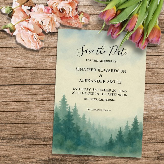 Vattenfärgsskogen gräs träd bröllop spara datum inbjudningar (Watercolor pine tree forest wedding Save the Date Invitation. For your rustic wedding.)