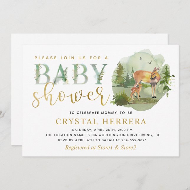 Vattenfärgsskogen Hjort Greenery Baby Shower Inbjudningar (Fram/baksida)