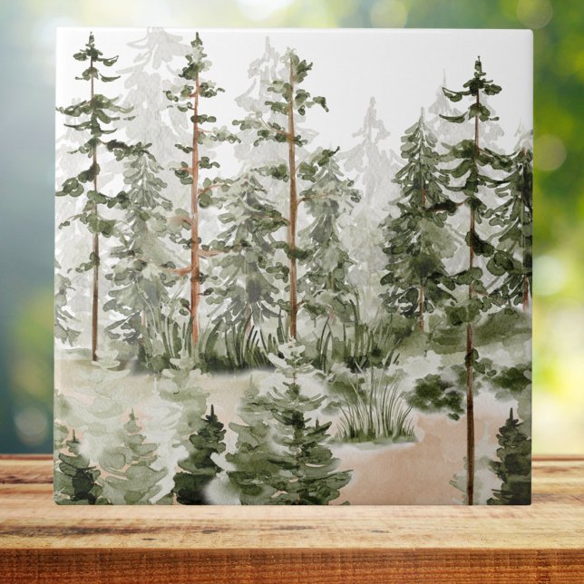 Vattenfärgsskogen Rustic Grönt Forest Kakelplatta (Close up)