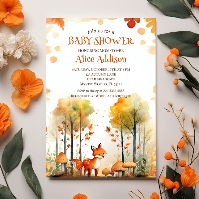 Vattenfärgsskogen Skog hösten Fox Baby Shower Inbjudningar (Skapare uppladdad)