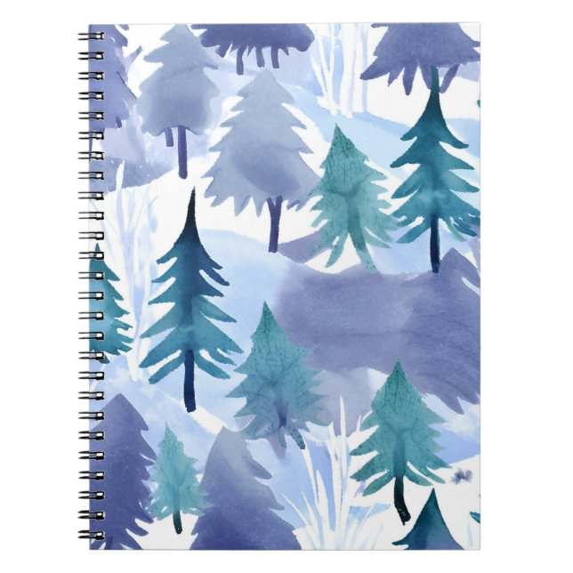 Vattenfärgsskogen Winter Forest Seamless Mönster Anteckningsbok (Framsidan)